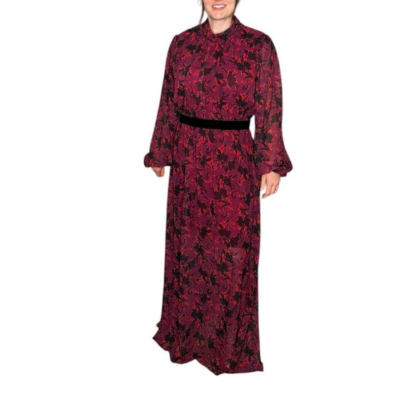 LDT Brooke Maxi Dress Purple Red Floral Pattern Long Women's Size 14 Glam Chic - Picture 1 of 14